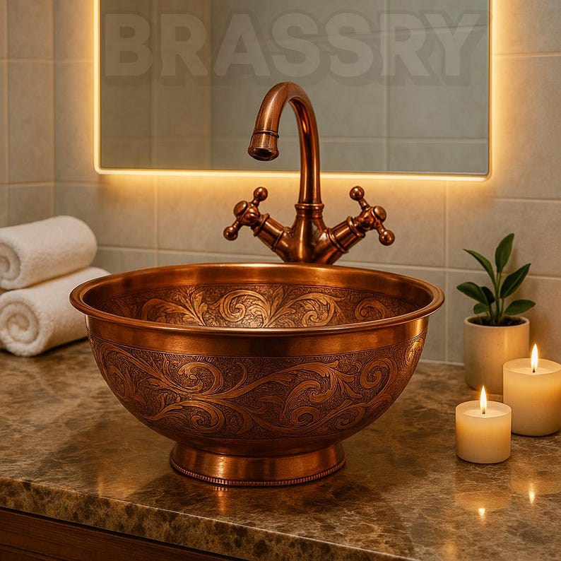 Hand Engraved Copper Vessel Sink, Moroccan Round Bathroom Countertop Basin, Rustic Antique Style, Handmade Brass Bowl for Vanity Decor
