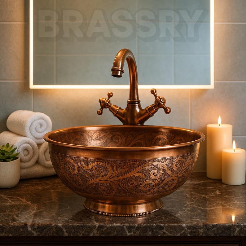 Hand Engraved Copper Vessel Sink, Moroccan Round Bathroom Countertop Basin, Rustic Antique Style, Handmade Brass Bowl for Vanity Decor
