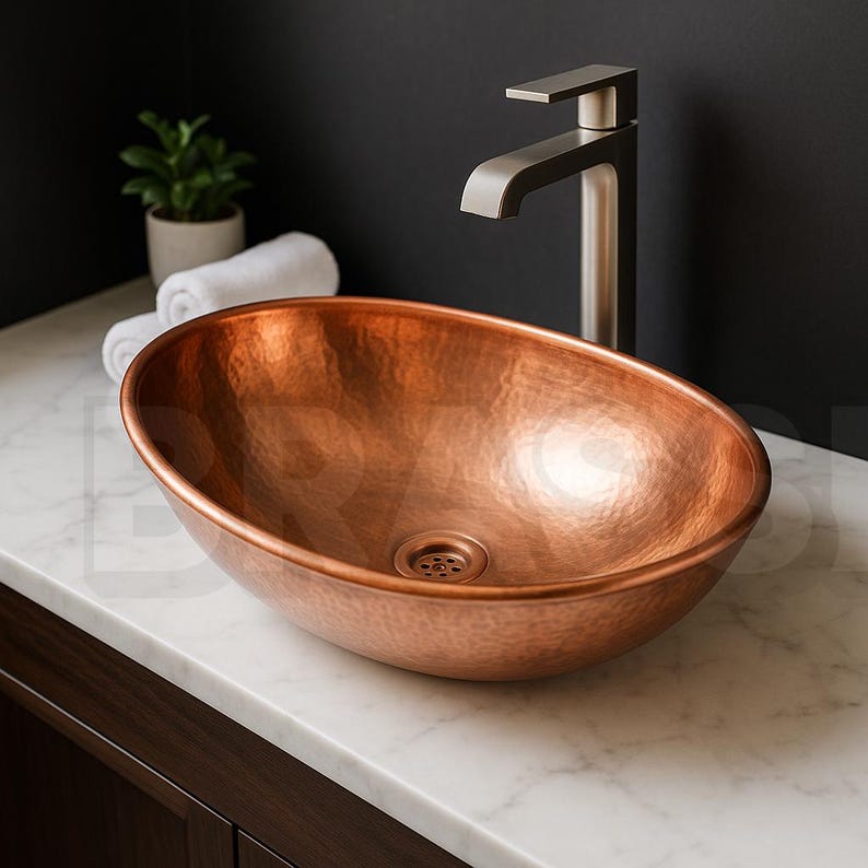 Handcrafted Copper Vessel Sink – Hammered Oval Bathroom Basin – Modern Polished Countertop Bowl – Wash Hand Basin Oval farmhouse
