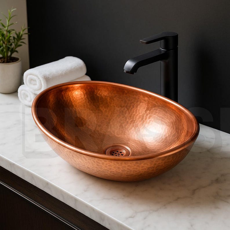 Handcrafted Copper Vessel Sink – Hammered Oval Bathroom Basin – Modern Polished Countertop Bowl – Wash Hand Basin Oval farmhouse

