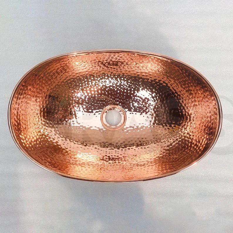Handcrafted Copper Vessel Sink – Hammered Oval Bathroom Basin – Modern Polished Countertop Bowl – Wash Hand Basin Oval farmhouse
