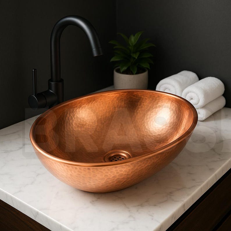 Handcrafted Copper Vessel Sink – Hammered Oval Bathroom Basin – Modern Polished Countertop Bowl – Wash Hand Basin Oval farmhouse

