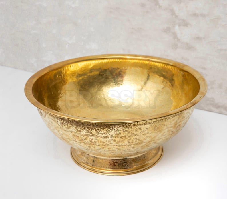 Handcrafted Hammered Brass Bowl Sink – Unlacquered Vessel Sink with Moroccan Engraving – Luxury Bathroom Vanity Basin
