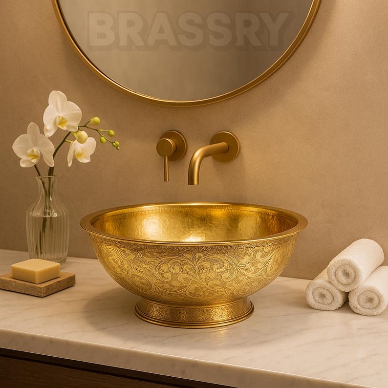 Handcrafted Hammered Brass Bowl Sink – Unlacquered Vessel Sink with Moroccan Engraving – Luxury Bathroom Vanity Basin
