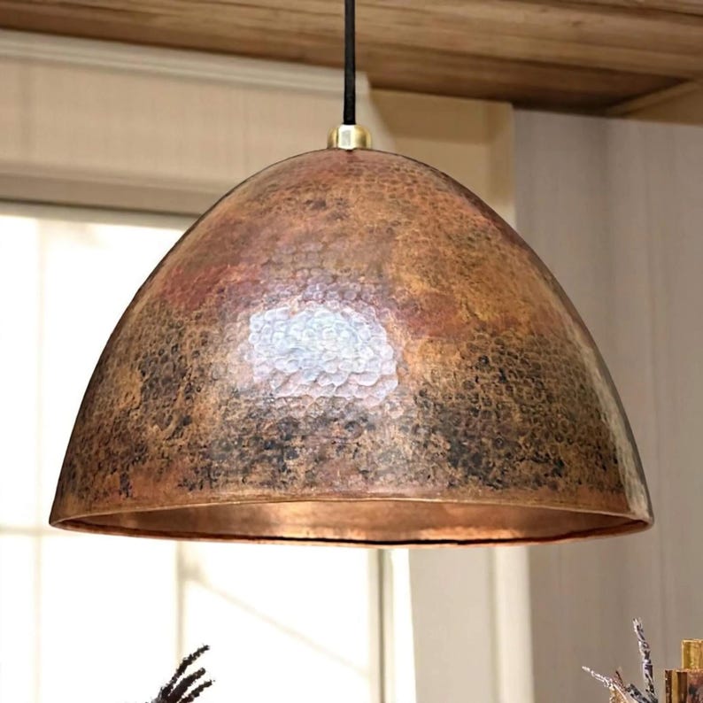 Handcrafted Moroccan hammered copper pendant light with aged finish for kitchen, dining room, and boho decor

