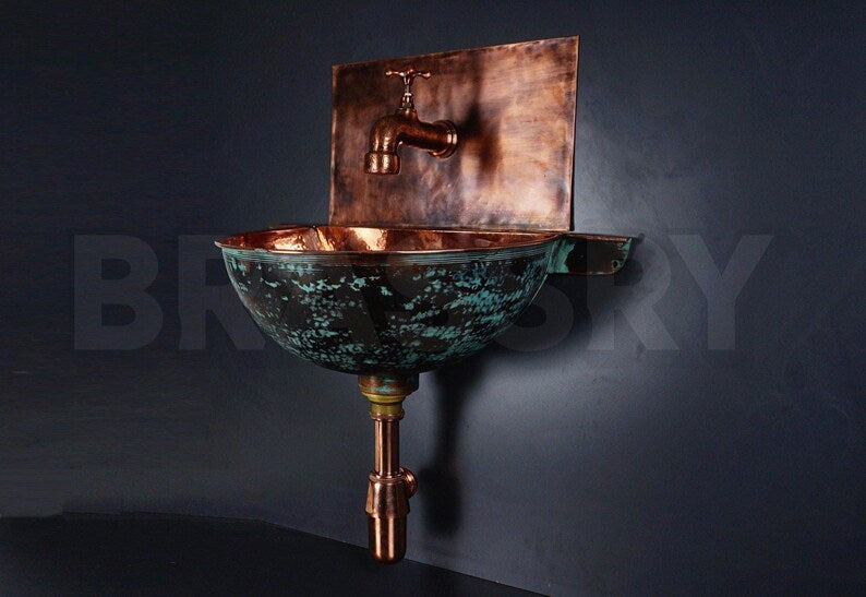Handcrafted Moroccan Copper Wall Mount Sink with Antique Patina Finish – Rustic Round Vessel for Unique Bathroom Vanity or Outdoor Washbasin
