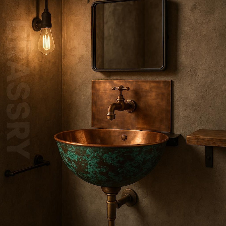 Handcrafted Moroccan Copper Wall Mount Sink with Antique Patina Finish – Rustic Round Vessel for Unique Bathroom Vanity or Outdoor Washbasin
