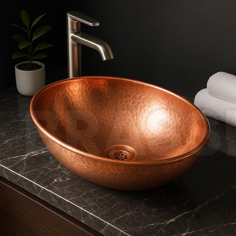 Handcrafted Moroccan Hammered Copper Vessel Sink – Round Bathroom Vanity Bowl in Warm Copper Finish – Copper Wash Basin
