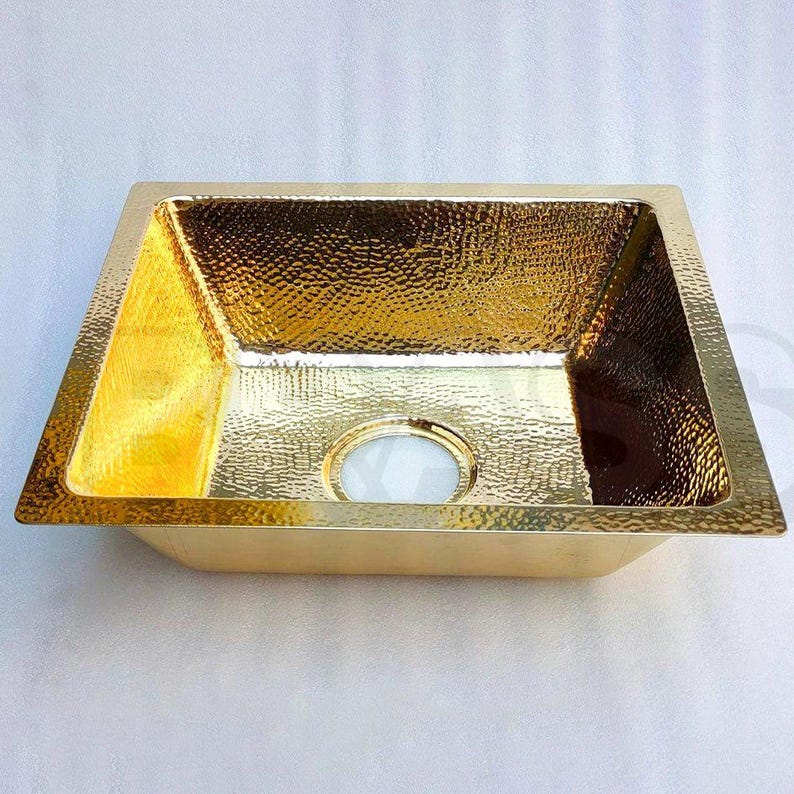 Handcrafted Moroccan Hammered Brass Bar Sink – Square Drop-In Unlacquered Kitchen Prep Sink – Gold Copper Utility Basin Handmade Luxury
