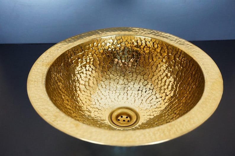 Handcrafted Moroccan Hammered Brass Drop-In Sink – Unlacquered Round Bathroom or Bar Vessel