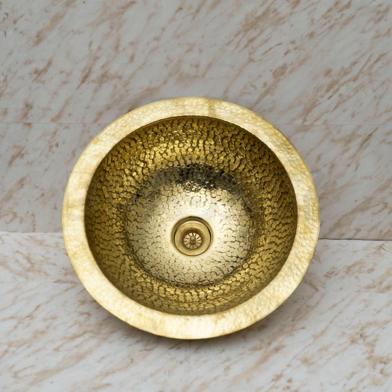 Handcrafted Moroccan Hammered Brass Drop-In Sink – Unlacquered Round Bathroom or Bar Vessel