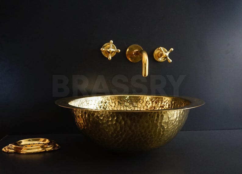 Handcrafted Moroccan Hammered Brass Drop-In Sink – Unlacquered Round Bathroom or Bar Vessel