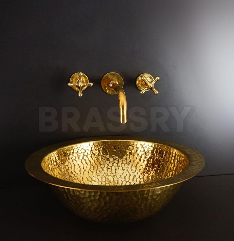 Handcrafted Moroccan Hammered Brass Drop-In Sink – Unlacquered Round Bathroom or Bar Vessel