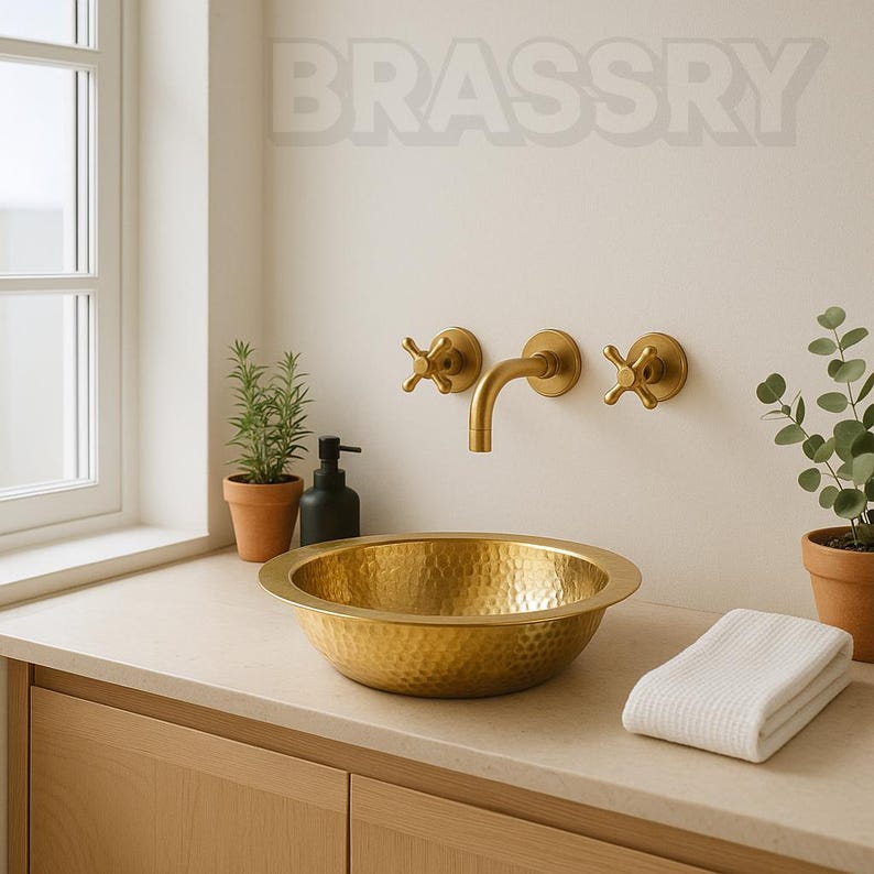 Handcrafted Moroccan Hammered Brass Drop-In Sink – Unlacquered Round Bathroom or Bar Vessel
