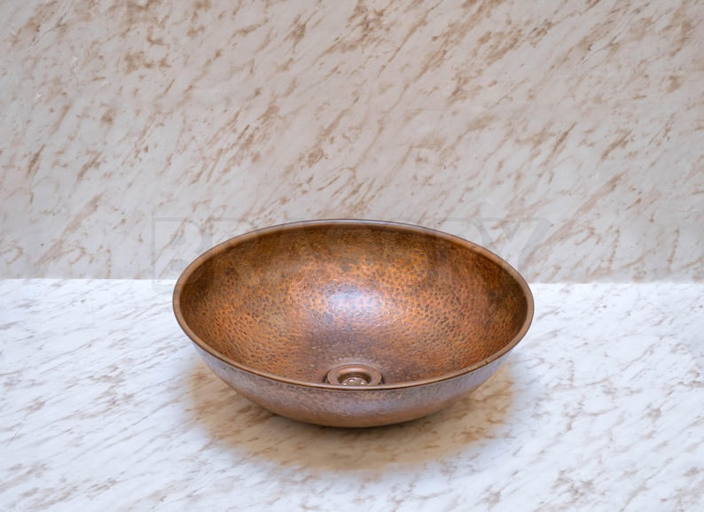 Handcrafted Moroccan Hammered Copper Vessel Sink – Round Bathroom Vanity Bowl in Warm Copper Finish