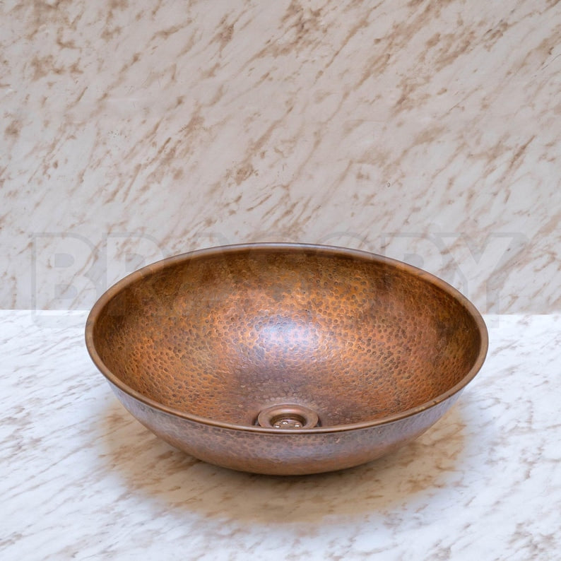 Handcrafted Moroccan Hammered Copper Vessel Sink – Round Bathroom Vanity Bowl in Warm Copper Finish