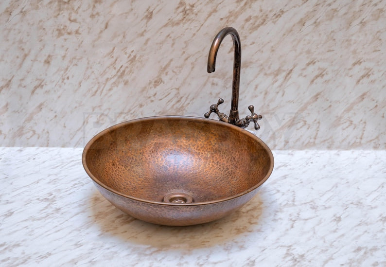 Handcrafted Moroccan Hammered Copper Vessel Sink – Round Bathroom Vanity Bowl in Warm Copper Finish