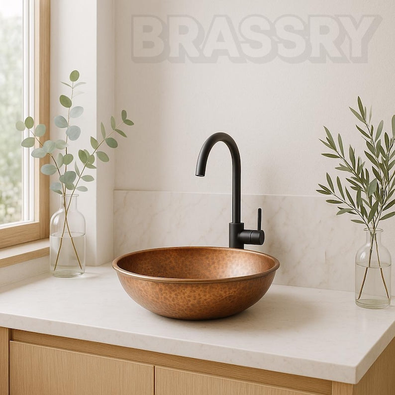 Handcrafted Moroccan Hammered Copper Vessel Sink – Round Bathroom Vanity Bowl in Warm Copper Finish