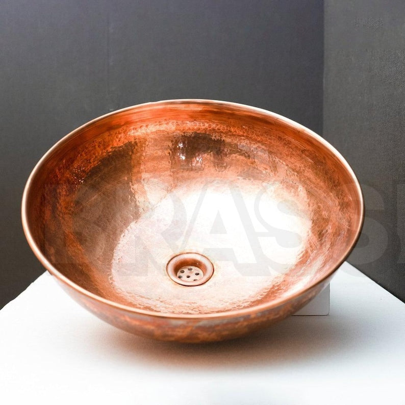 Handcrafted Moroccan Hammered Copper Vessel Sink – Round Bathroom Vanity Bowl in Warm Copper Finish – Copper Wash Basin
