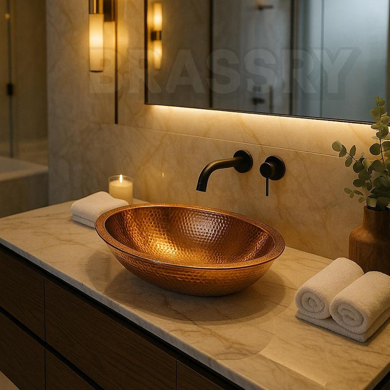 Handcrafted Moroccan Oval Copper Bathroom Vessel Sink – Hammered Drop-In Vanity Basin with Antique Finish
