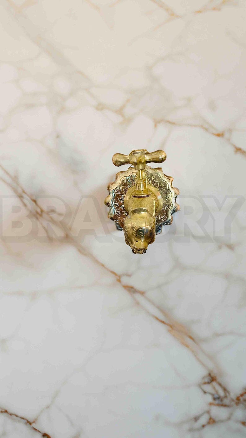 Handcrafted Moroccan Unlacquered Brass Fish-Shaped Wall-Mount Faucet – Vintage Solid Brass Tap for Bathroom, Kitchen, or Garden

