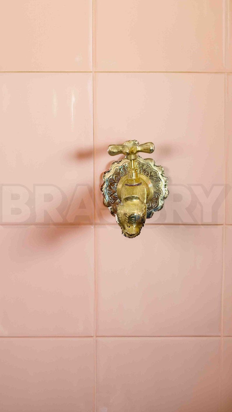 Handcrafted Moroccan Unlacquered Brass Fish-Shaped Wall-Mount Faucet – Vintage Solid Brass Tap for Bathroom, Kitchen, or Garden
