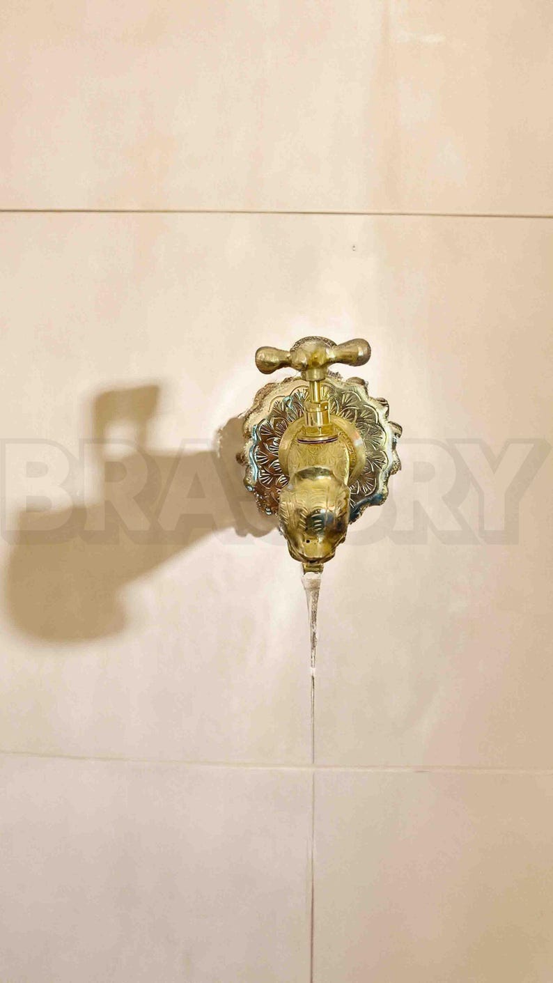 Handcrafted Moroccan Unlacquered Brass Fish-Shaped Wall-Mount Faucet – Vintage Solid Brass Tap for Bathroom, Kitchen, or Garden
