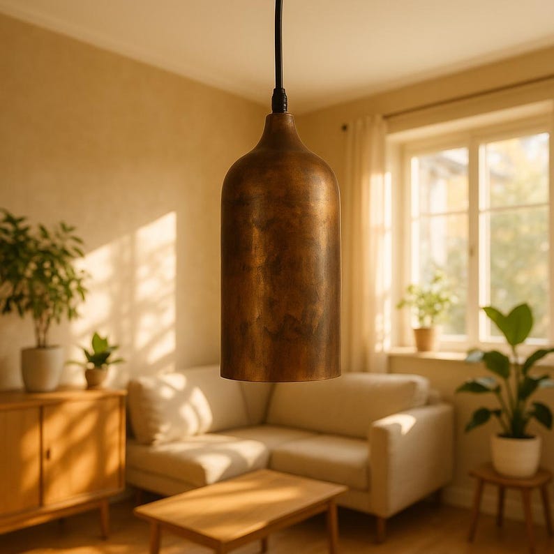 Handcrafted Moroccan copper bottle pendant light with aged patina finish