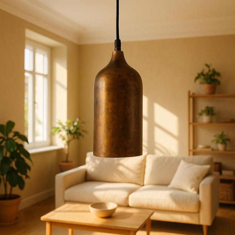 Handcrafted Moroccan copper bottle pendant light with aged patina finish