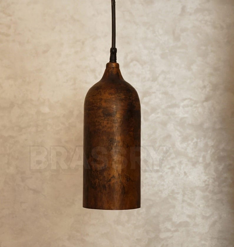 Handcrafted Moroccan copper bottle pendant light with aged patina finish