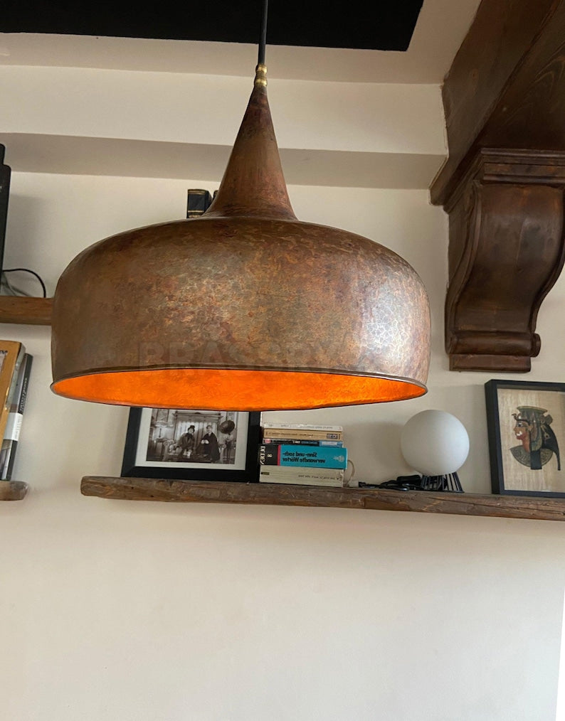 Handcrafted Moroccan hammered copper pendant light in 6 sizes, aged copper finish, ideal for kitchen islands, boho and rustic interiors

