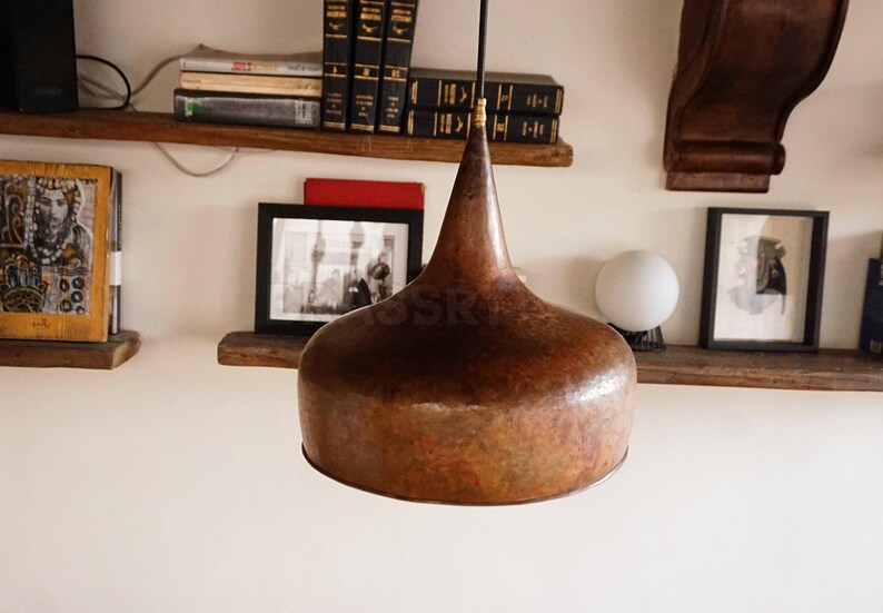 Handcrafted Moroccan hammered copper pendant light in 6 sizes, aged copper finish, ideal for kitchen islands, boho and rustic interiors


