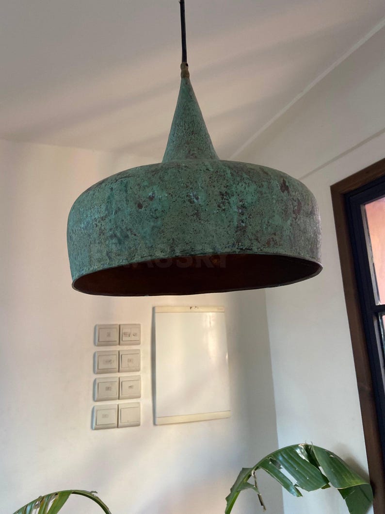 Handcrafted Moroccan hammered copper pendant light with aged finish, artisan-made dome lamp for kitchen islands, dining rooms, boho and rustic interiors

