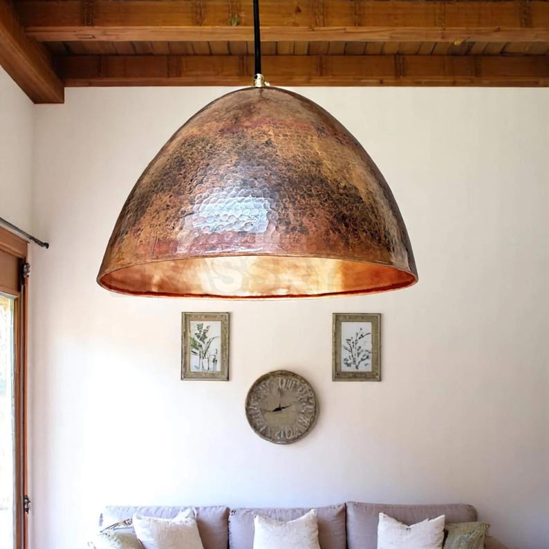 Handcrafted Moroccan hammered copper pendant light with aged finish for kitchen, dining room, and boho decor

