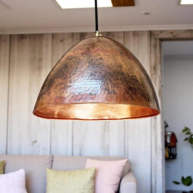 Handcrafted Moroccan hammered copper pendant light with aged finish for kitchen, dining room, and boho decor

