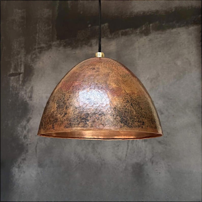 Handcrafted Moroccan hammered copper pendant light with aged finish for kitchen, dining room, and boho decor


