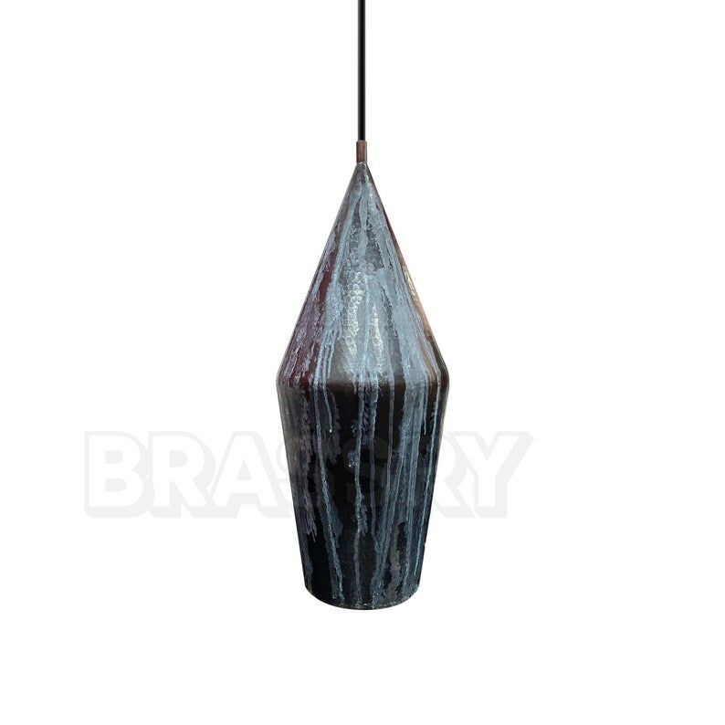 Handcrafted Moroccan tall black copper pendant light with oxidized geometric design