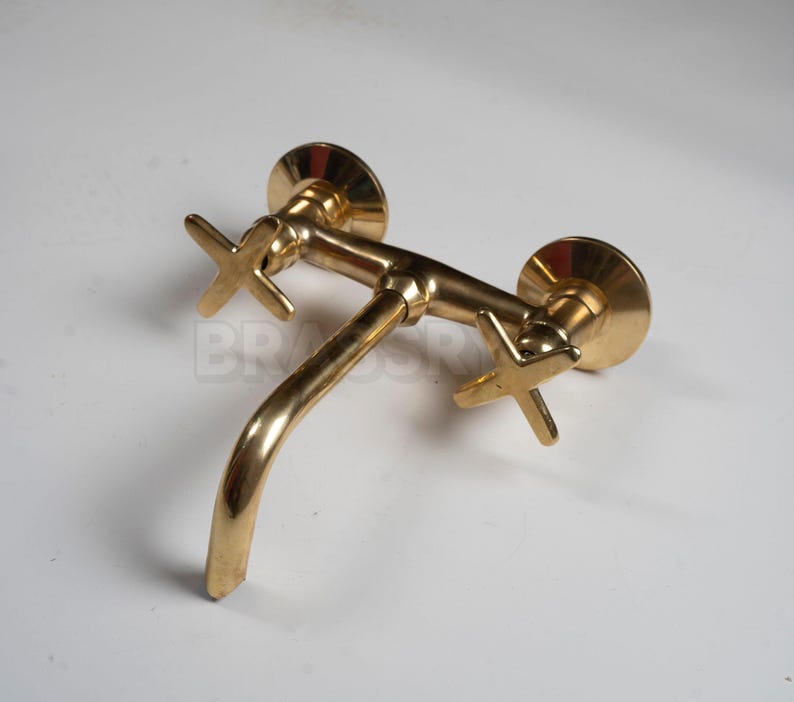 Handcrafted Unlacquered Brass Kitchen Faucet – Vintage Swan-Neck Design with Cross Handles, Luxury Solid Brass Sink Tap