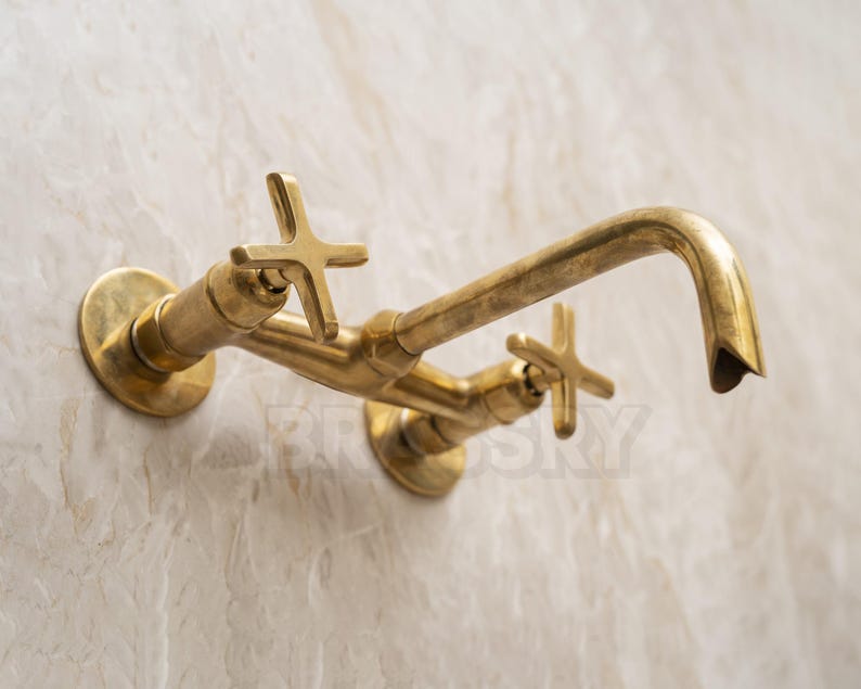 Handcrafted Unlacquered Brass Kitchen Faucet – Vintage Swan-Neck Design with Cross Handles, Luxury Solid Brass Sink Tap