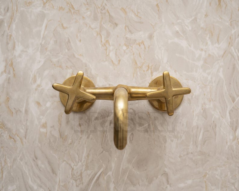 Handcrafted Unlacquered Brass Kitchen Faucet – Vintage Swan-Neck Design with Cross Handles, Luxury Solid Brass Sink Tap