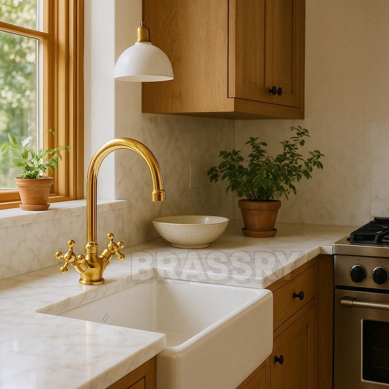 Handcrafted Unlacquered Brass Kitchen Faucet – Vintage Swan-Neck Design with Cross Handles, Luxury Solid Brass Sink Tap
