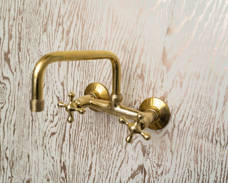Handcrafted Unlacquered Brass Kitchen Faucet – Vintage Swan-Neck Design with Cross Handles, Luxury Solid Brass Sink Tap
