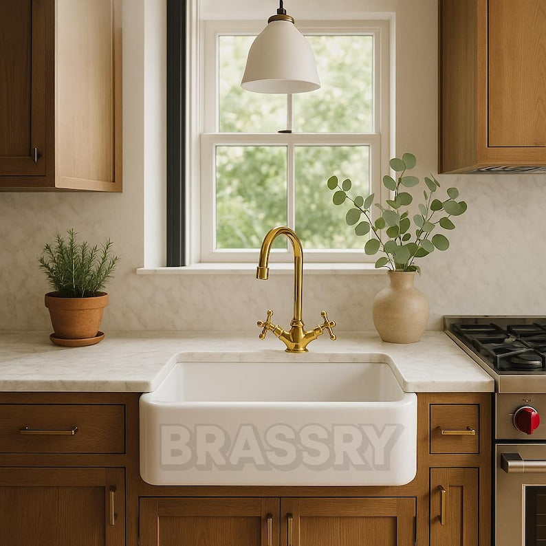 Handcrafted Unlacquered Brass Kitchen Faucet – Vintage Swan-Neck Design with Cross Handles, Luxury Solid Brass Sink Tap
