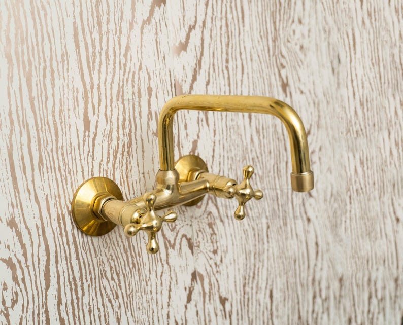 Handcrafted Unlacquered Brass Kitchen Faucet – Vintage Swan-Neck Design with Cross Handles, Luxury Solid Brass Sink Tap
