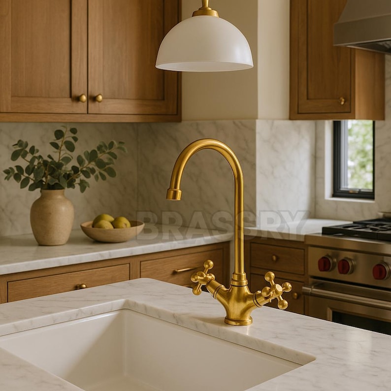 Handcrafted Unlacquered Brass Kitchen Faucet – Vintage Swan-Neck Design with Cross Handles, Luxury Solid Brass Sink Tap
