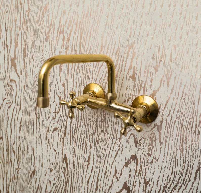 Handcrafted Unlacquered Brass Kitchen Faucet – Vintage Swan-Neck Design with Cross Handles, Luxury Solid Brass Sink Tap

