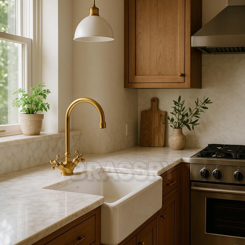 Handcrafted Unlacquered Brass Kitchen Faucet – Vintage Swan-Neck Design with Cross Handles, Luxury Solid Brass Sink Tap
