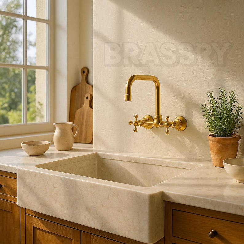 Handcrafted Unlacquered Brass Kitchen Faucet – Vintage Swan-Neck Design with Cross Handles, Luxury Solid Brass Sink Tap
