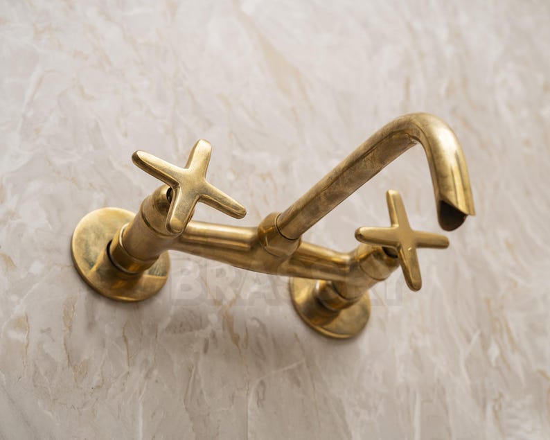 Handcrafted Unlacquered Brass Kitchen Faucet – Vintage Swan-Neck Design with Cross Handles, Luxury Solid Brass Sink Tap