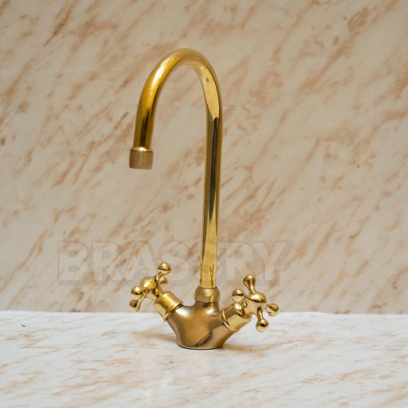 Handcrafted Unlacquered Brass Kitchen Faucet – Vintage Swan-Neck Design with Cross Handles, Luxury Solid Brass Sink Tap
